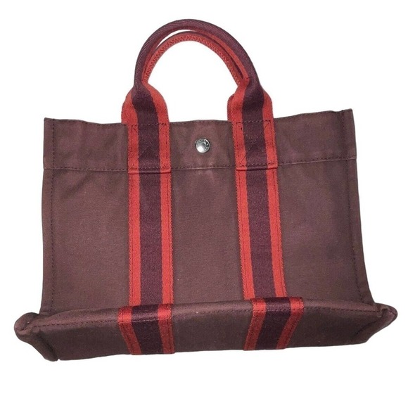 HERMÈS Hermes Canvas Bag Fourre Tout Small Stripe Burgundy Maroon Tote Bag Purse - Picture 14 of 15